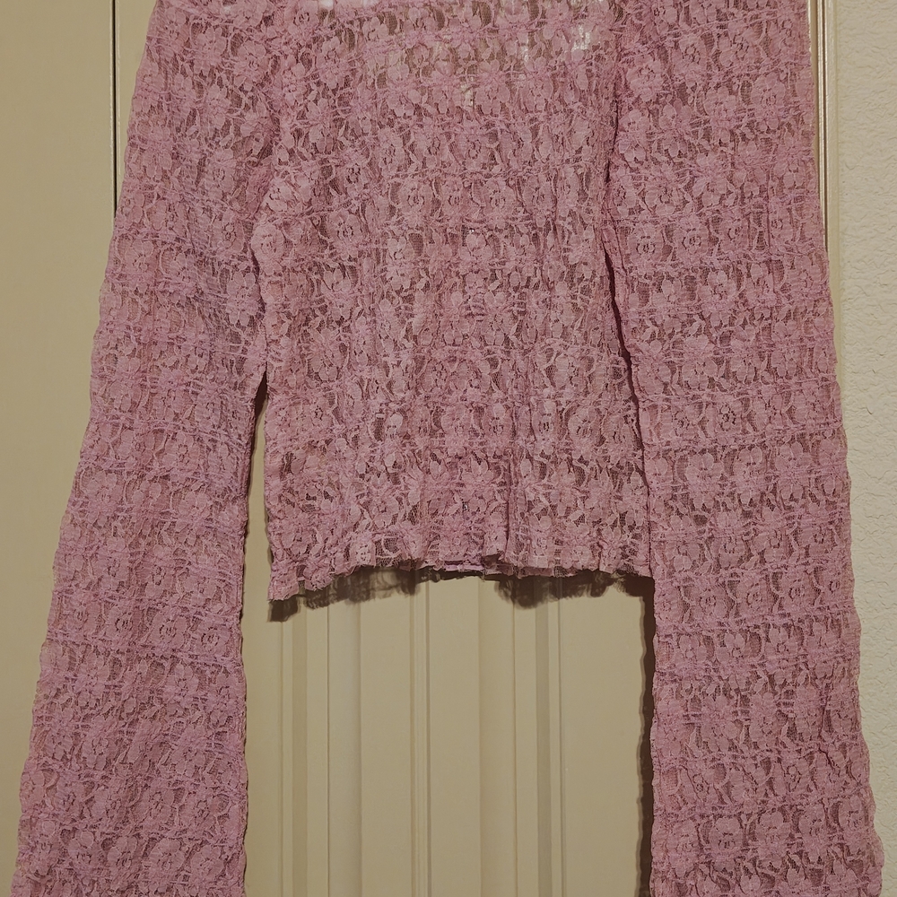 Free People One Madison Top Women XL Smocked 🌹 Rose Lace Sheer Fairy Pink Boho - Picture 13 of 13